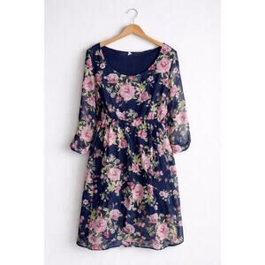 Maternity Navy Floral Dress Womens Large Long Sleeve Scoop Neck